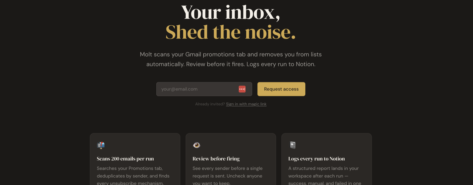 Molt product screenshot: 'Your inbox, shed the noise' hero with feature cards for scanning, review, and Notion logging